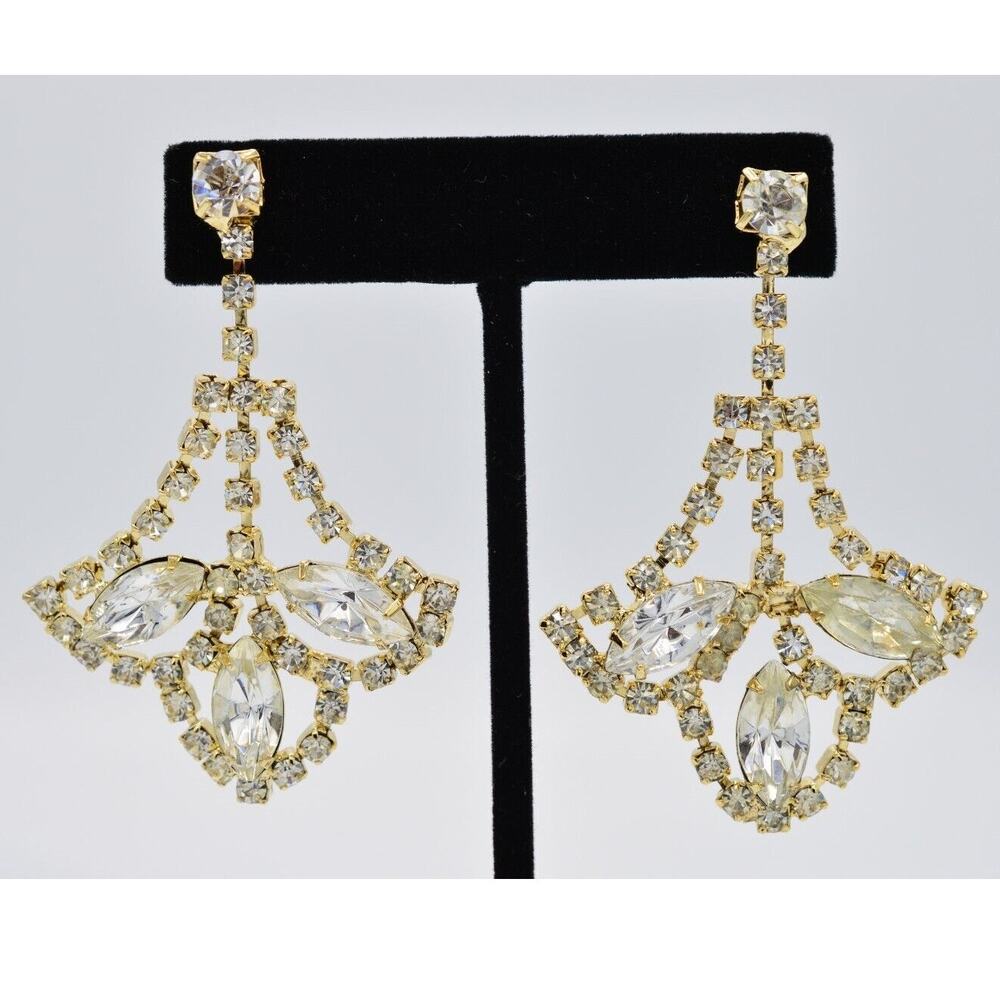 Vintage Crystal Earrings Shiny Gold Prong Rhinestone Dangle NOS 1980s BinAA